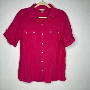 White Stag L Collared Short Sleeve  Pocket Button Down Up Shirt Large Pink Linen